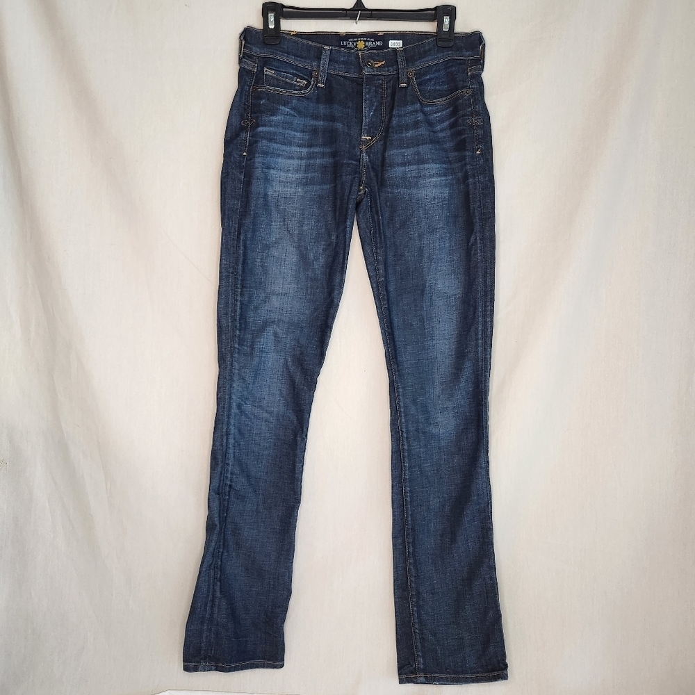 Lucky Brand Blue Jeans Straight Leg Sofia  4/27. Medium Blue Lightly Distressed